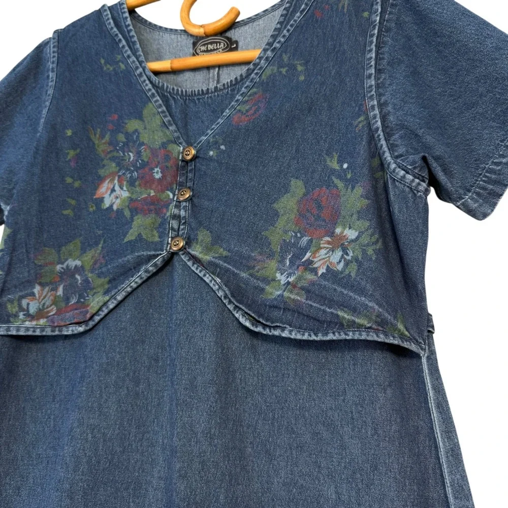 Vintage | Che Bella | Denim Floral Layered Maxi Dress Blue Medium Wash Size L - Picture 6 of 16